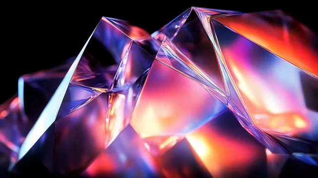 Colorful translucent crystal facets refracting pink, purple, orange, and blue light in macro close-up