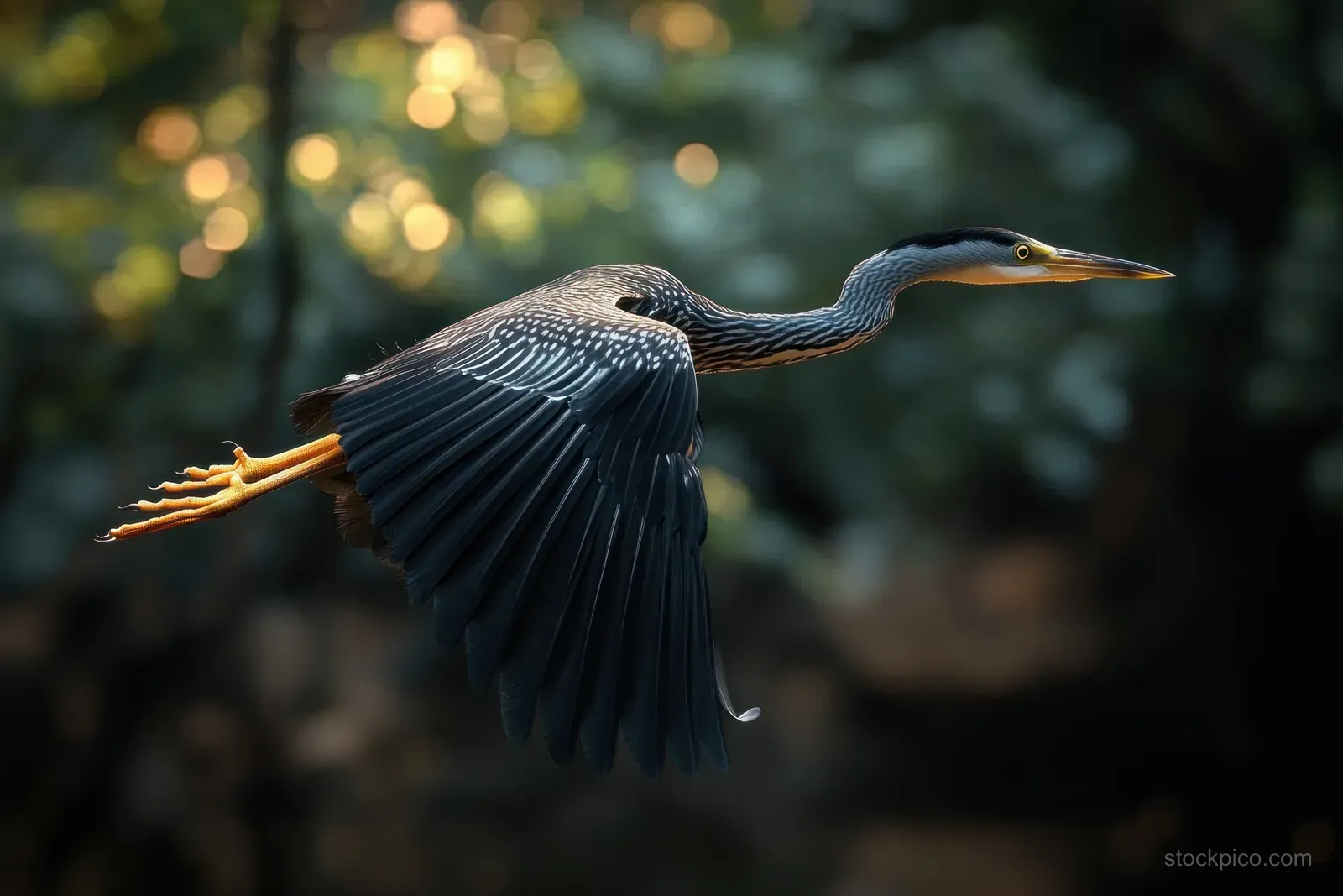 A heron in flight with wings spread, gliding through warm golden light against a softly blurred forest background.