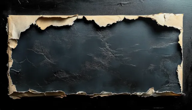 Torn black paper banner texture with rough vintage cardboard edges on dark backdrop
