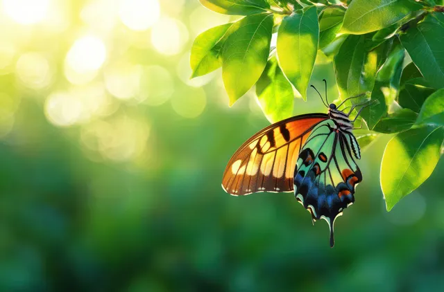 A colorful butterfly rests on green leaves with warm sunlit bokeh behind it.