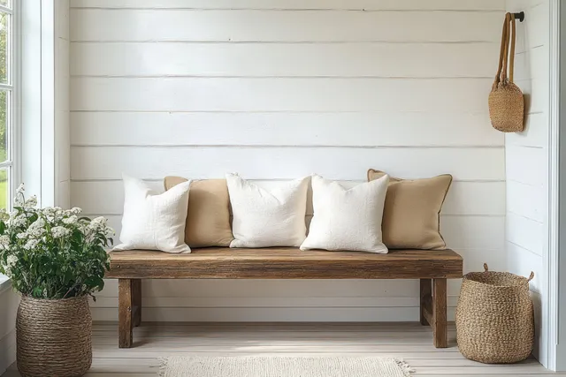 Rustic wooden bench with white and beige cushions in a light Scandinavian entryway with soft daylight.