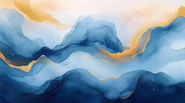 Abstract watercolor mountain waves in layered blue tones with flowing gold lines and a soft misty texture.