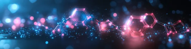 Neon hexagonal molecular network with glowing nodes and particles across a dark science background.