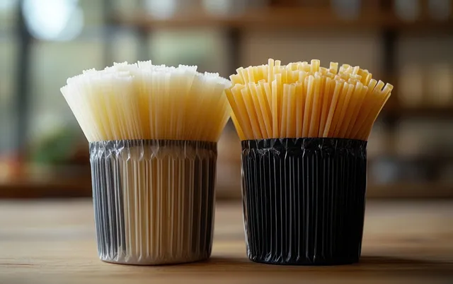 Black and white pasta cups with penne and spaghetti beside pantry shelves in focus