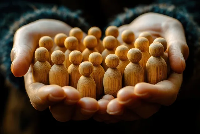Two hands gently holding a cluster of small wooden human figurines.
