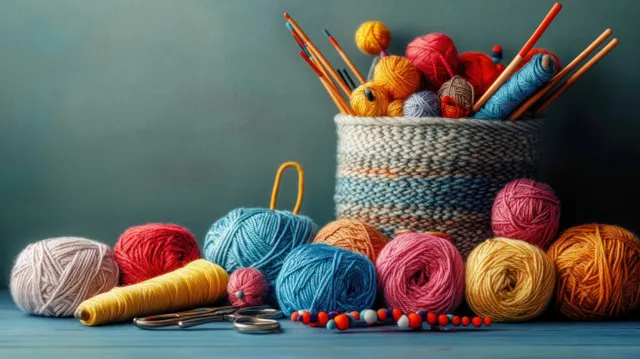 Colorful yarn balls and knitting needles rest in a woven basket with scissors and beads on a blue craft table.