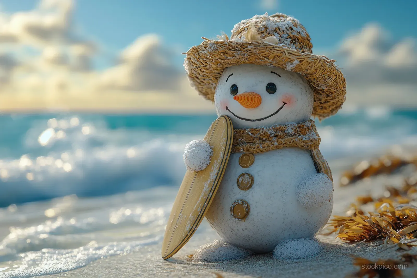 A Christmas snowman with a straw hat and scarf sits on a sunny beach beside a surfboard.