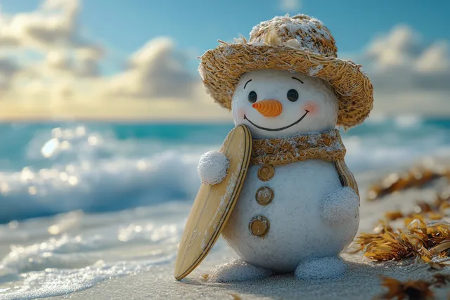 Tropical Christmas snowman with surfboard kneeling on sunny beach sand and sea foam
