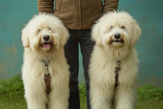 Two fluffy white dogs sit side by side with leashes as a person stands behind them outdoors.