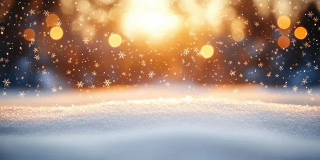 Golden winter bokeh lights sparkle above snowy ground, falling snow and dreamy glow