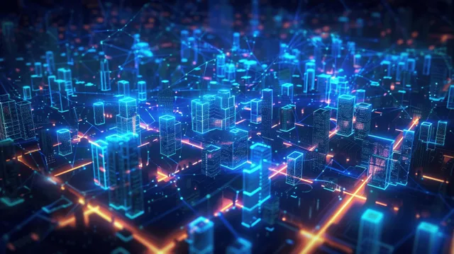 Night cyberpunk skyline with blue glowing buildings connected by orange and cyan network lines.
