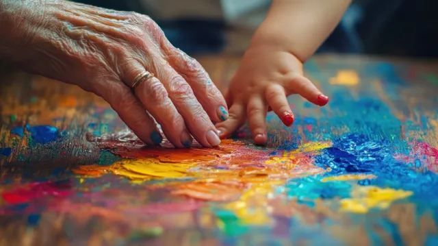 An elderly woman and a child paint together with colorful hand-drawn strokes on a canvas table.