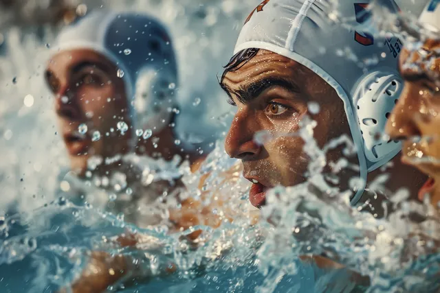 Close-up of a Serbian male water polo player lunging forward as water splashes during an intense match.