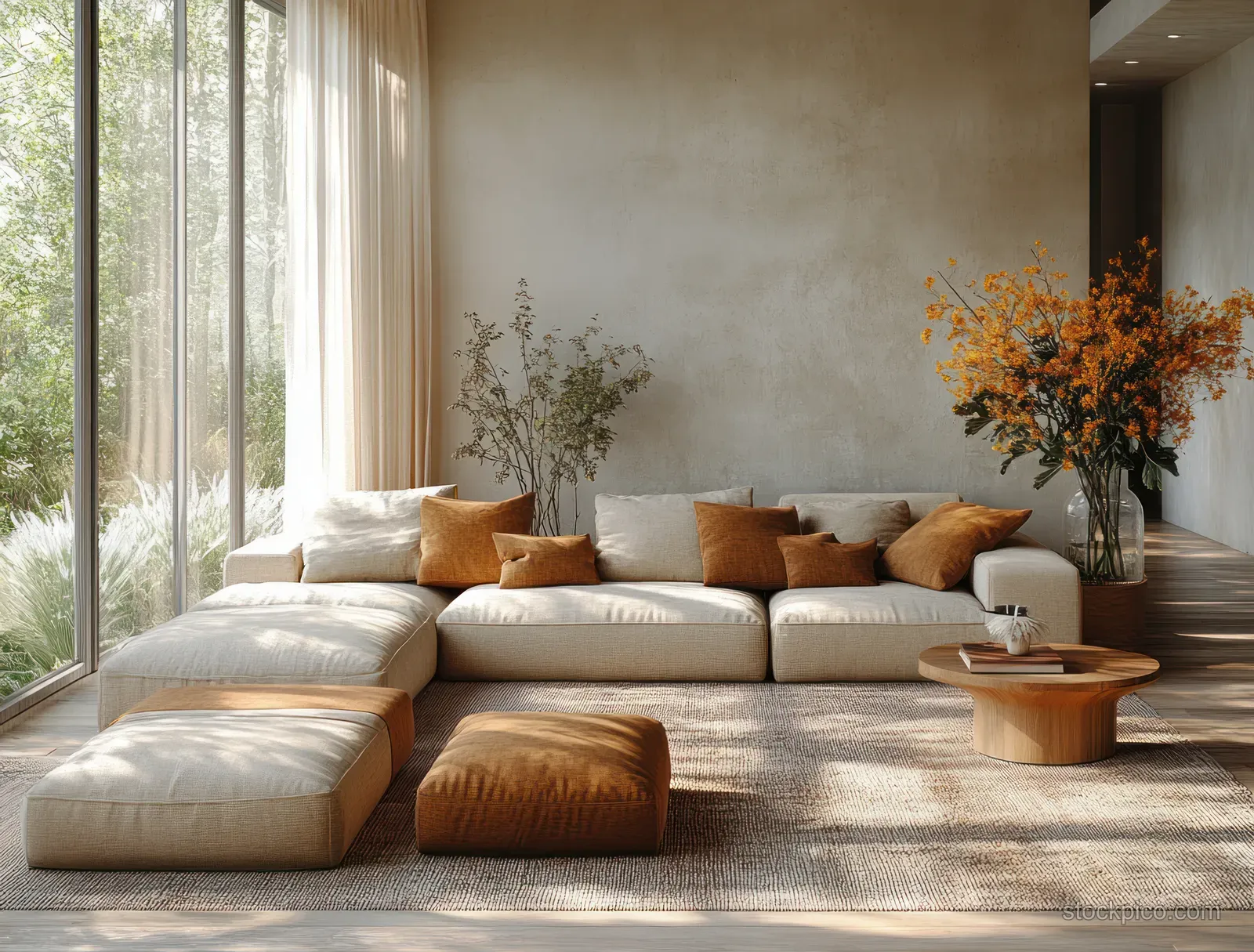 Beige sectional sofa with brown cushions in a bright minimalist living room beside large windows and a flower vase.