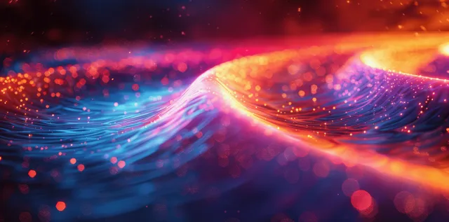 Futuristic light ribbons swirl into a glowing circular ring with iridescent gradients