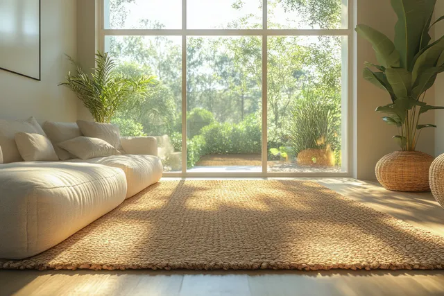 Sunlight fills a cozy living room with a sofa, carpet rug, and large windows showing green plants.
