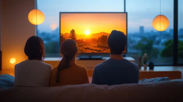 Family sitting on a couch watching a television screen with a sunset view in a warm living room.