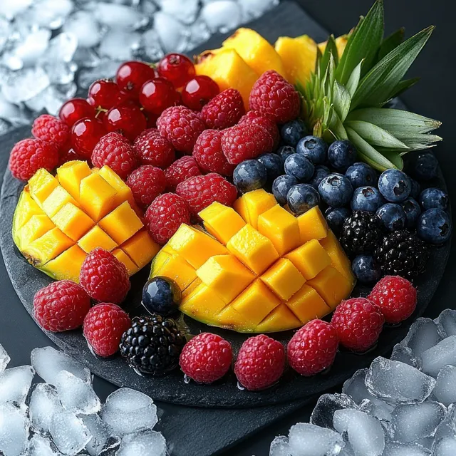 Assorted tropical fruits and berries arranged in a bowl with ice cubes around it.