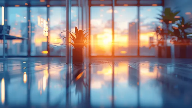 Sunset-lit corporate office interior with glass windows and an empty meeting table