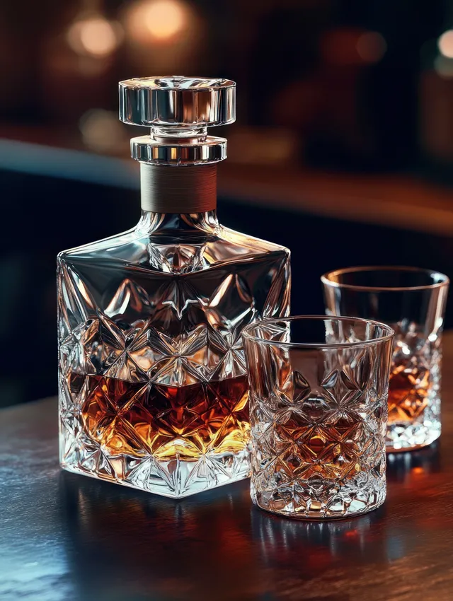 Crystal whiskey decanter and two cut-glass tumblers with amber liquid on a wooden table under warm light.
