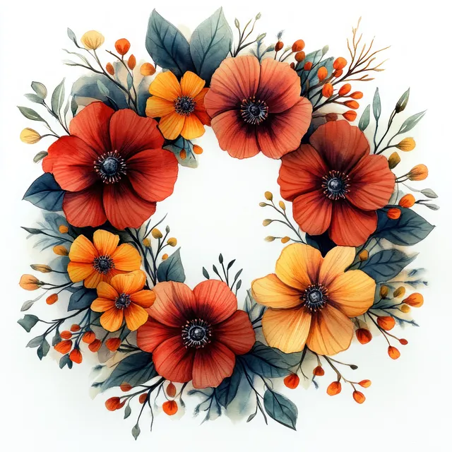Watercolor floral wreath with red and yellow blossoms and leafy branches arranged in an elegant circular design.