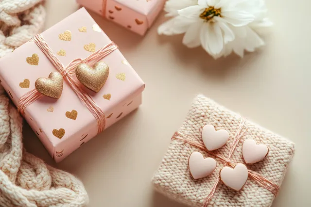 Two pale pink Valentine gift boxes with gold heart accents and a heart card on beige fabric near a white flower.