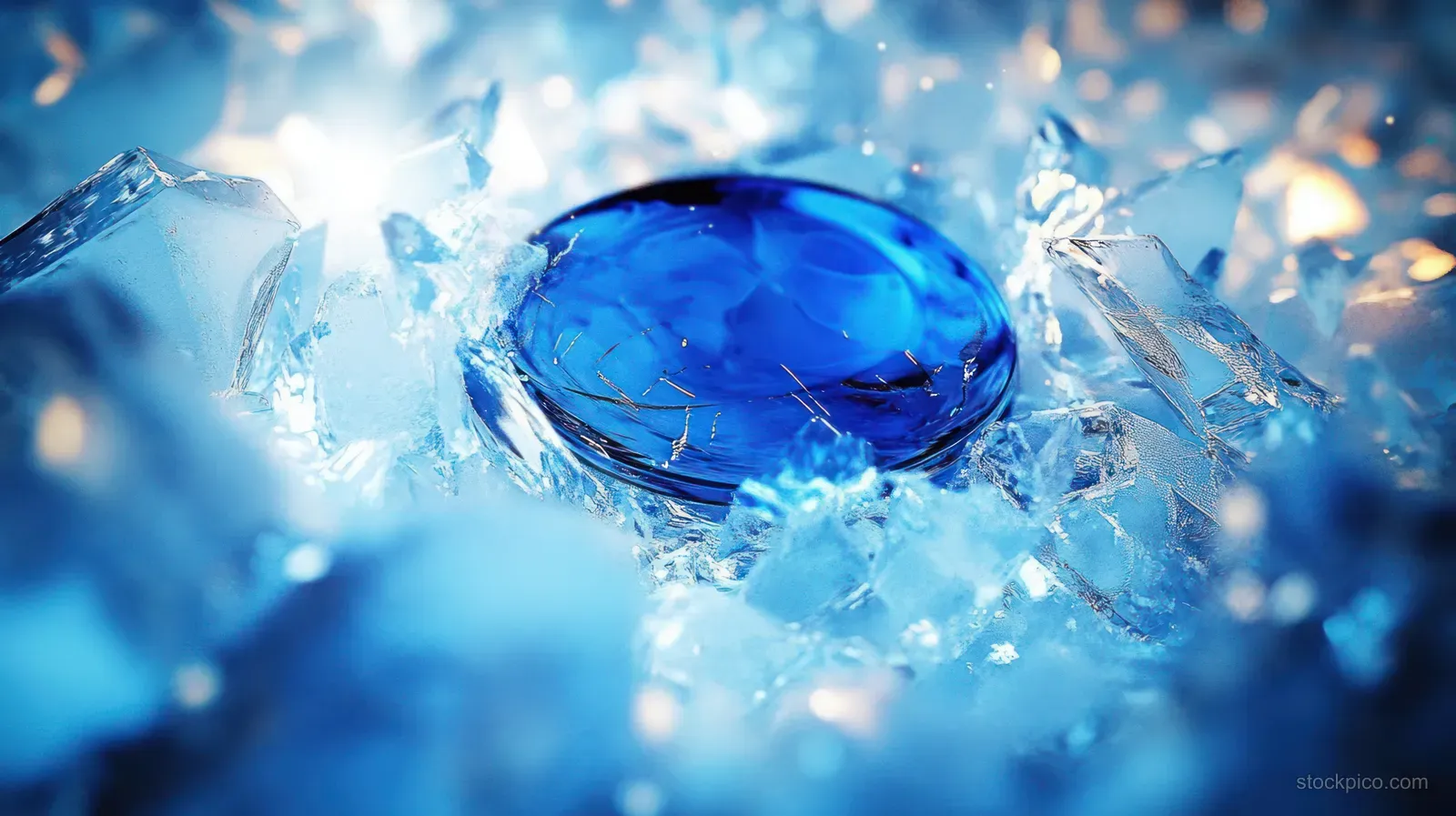 Blue hockey puck bursting through ice with flying shards and glowing impact light in a wintry scene.