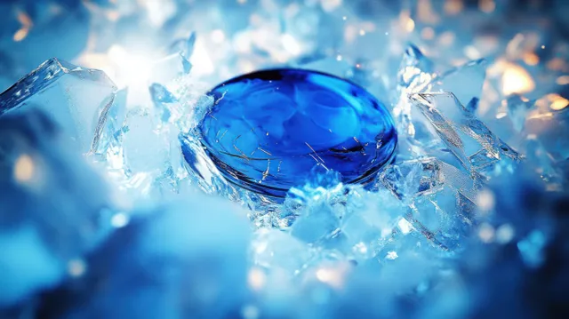 Blue hockey puck bursting through ice with flying shards and glowing impact light in a wintry scene.