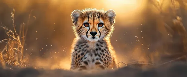Young cheetah cub sitting on dry grass, backlit by warm golden sunset light with a soft glowing background.