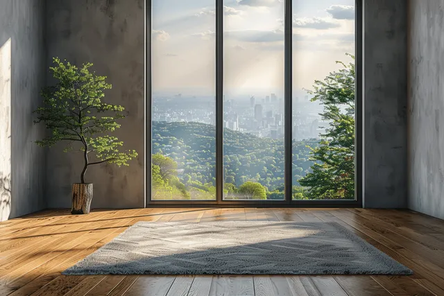 Sunlit modern loft room with panoramic window overlooking lush green valley cityscape view