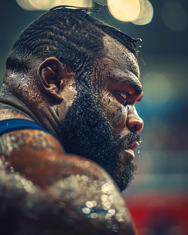 American shot put athlete in close-up, intensely focused with blurred stadium lights behind him before the throw.