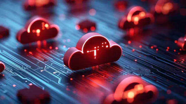 Red glowing 3D cloud icons floating above a dark circuit board network