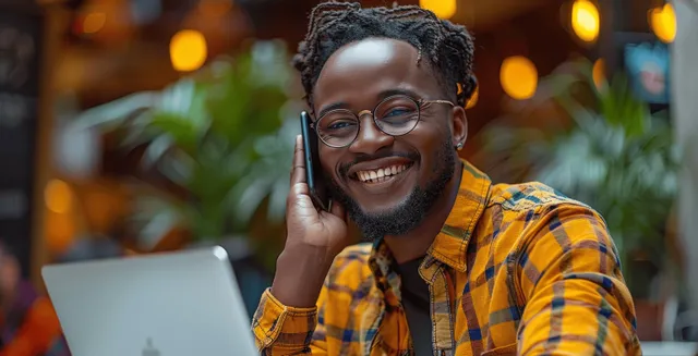 Smiling man talks on a phone while working on a laptop at an office desk with warm blurred lights.