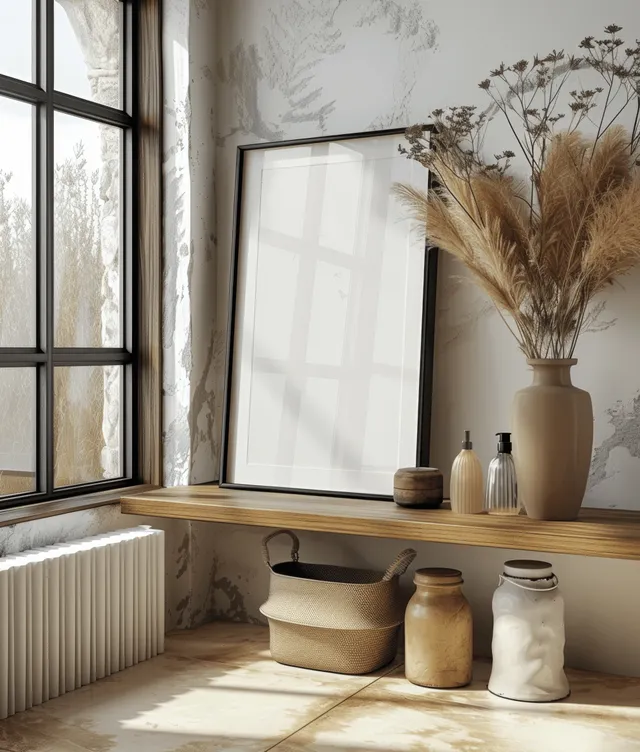 An empty black frame leans on a kitchen counter beside vases and dried grasses in soft light.