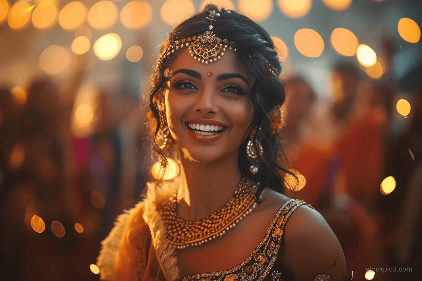 Smiling woman wearing ornate traditional Indian jewelry and festive clothing with warm bokeh lights in the background.