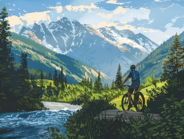 Mountain biker rests on a trail by a forest stream, facing distant Canadian peaks under a clear blue sky.