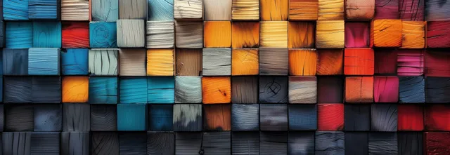 Colorful wooden cube grid background with mixed sizes, stacked texture, and bold blocks