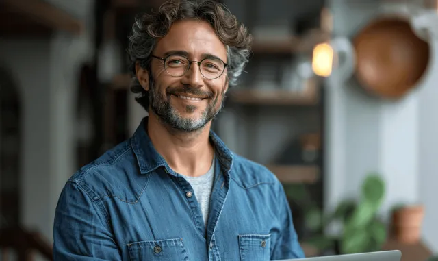 Smiling man holding a laptop while looking away in a softly blurred office