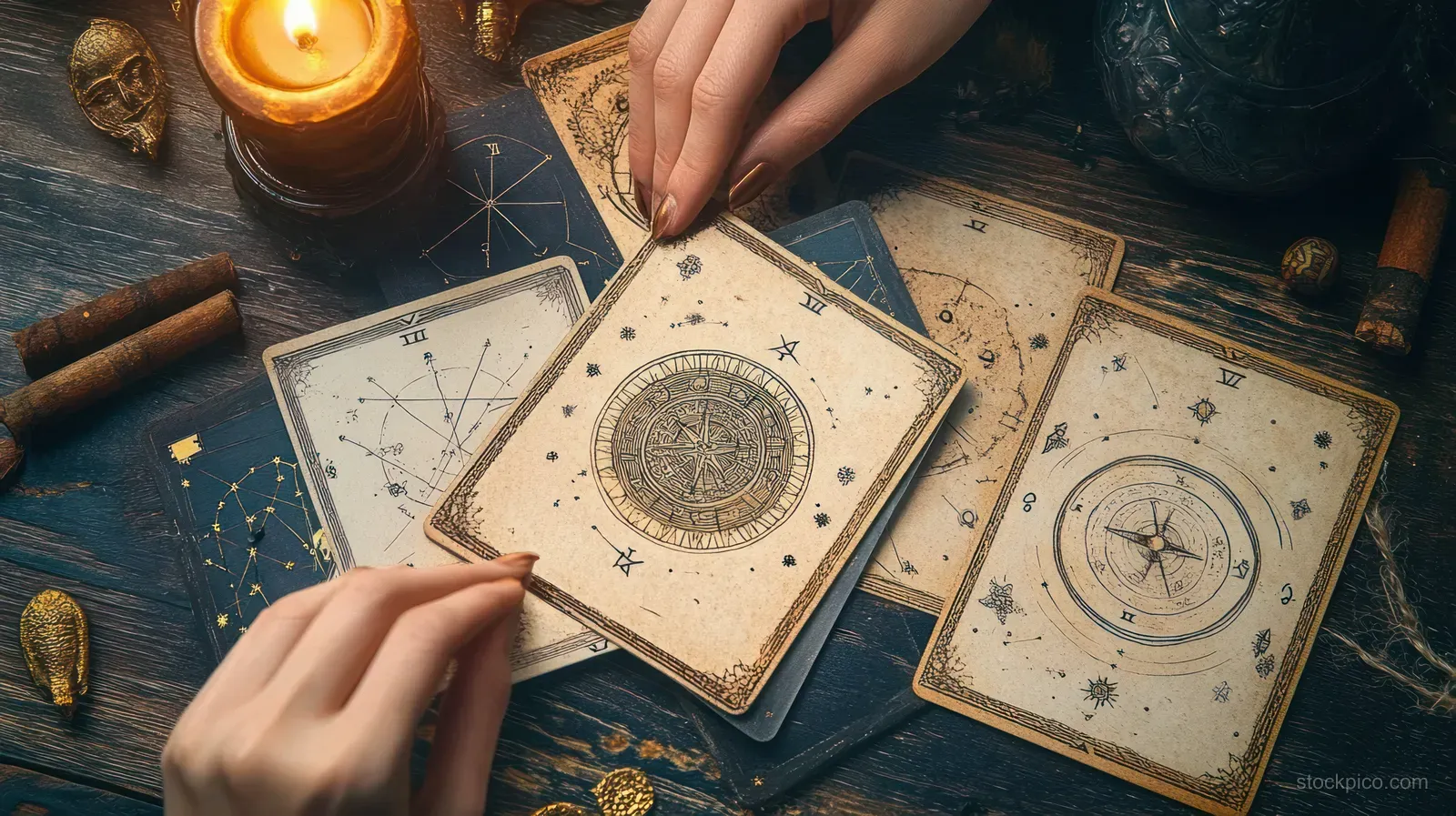 Hands arrange vintage tarot cards on a wooden table under warm candlelight and mystical symbols.
