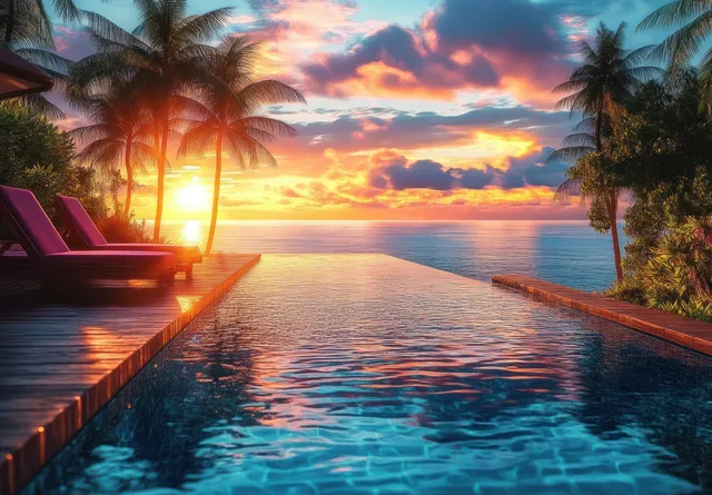 Infinity Pool Sunset with Palm Trees, Ocean Views, and Colorful Reflections