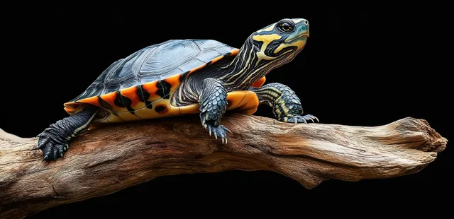 Colorful turtle resting on a dry textured branch, close-up against a black background