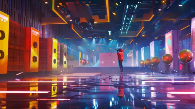 A pistol shooter aims down a 25m shooting range corridor with neon lights and target boards.