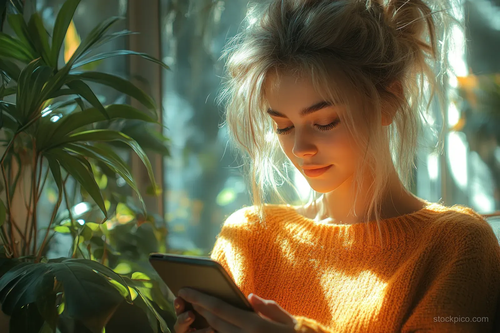 A woman smiles while using a smartphone in a cozy room with potted plants and warm sunlight.