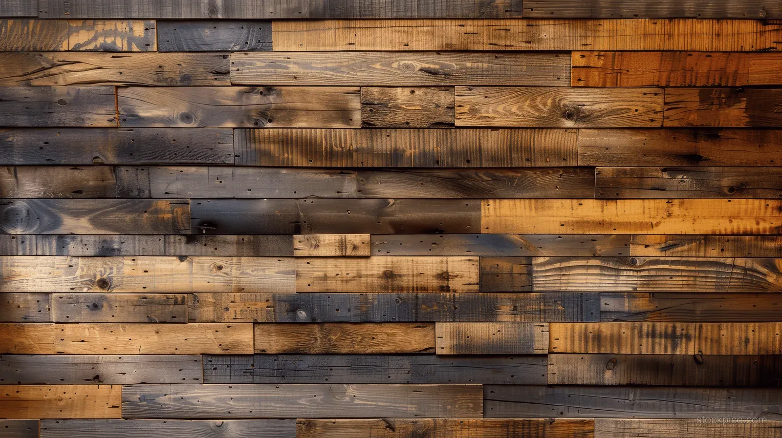 Staggered wooden wall planks in brown and gray tones with visible wood grain and knots.