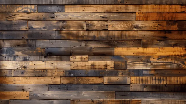 Tablones de madera escalonados en tonos marrones y grises con vetas y nudos visibles.