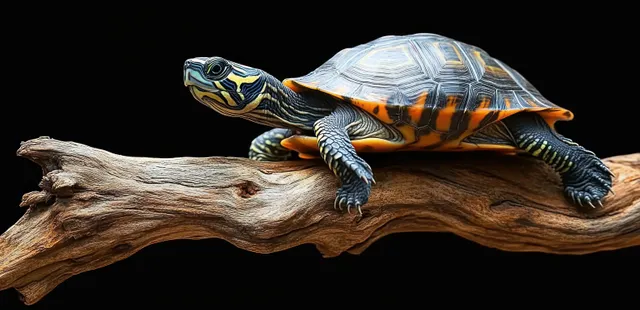 A colorful turtle with detailed shell and blue claws rests on a textured wooden branch against a black background.