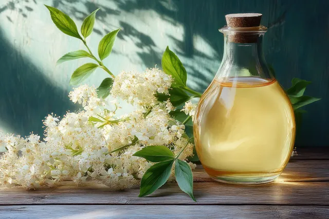 Elderflower syrup in glass bottle beside fresh blossoms on rustic wooden table with Herbal Drinks