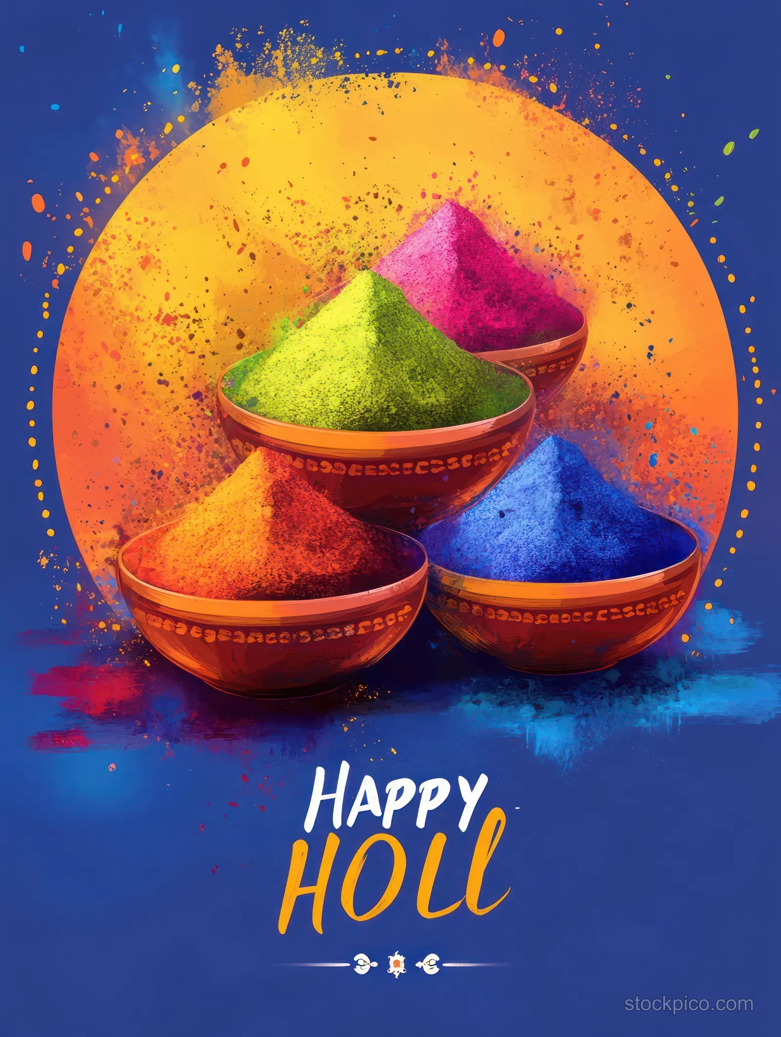 Three bowls filled with yellow green and pink Holi powders with splatter and Happy Holi lettering on a blue poster.