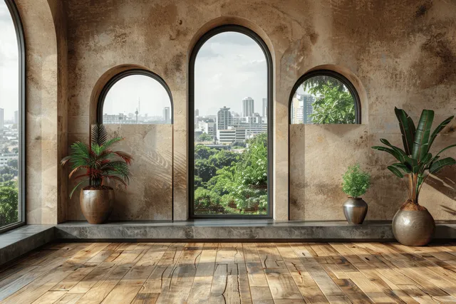 Sunlit modern room with arched windows, city skyline view, and rustic wooden floor