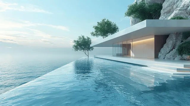Modern minimalist 3D render showcasing a concrete terrace with geometric lines and a serene sea backdrop.